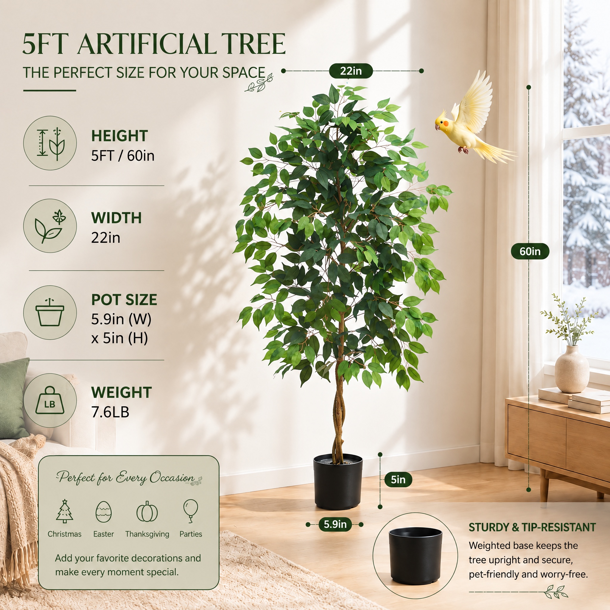 5FT Artificial Ficus Tree - Black Pot gallery view 6