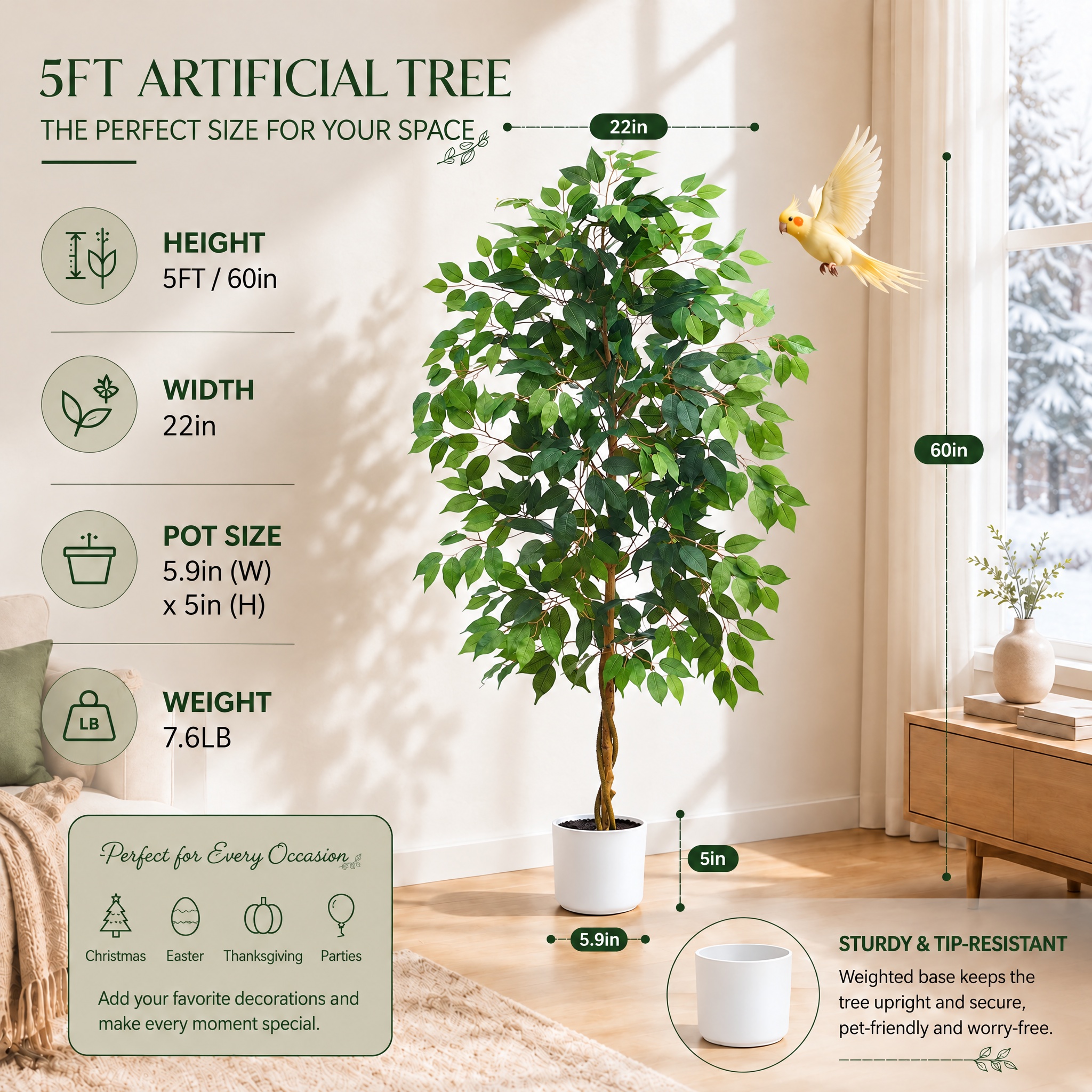 5FT Artificial Ficus Tree - White Pot gallery view 7