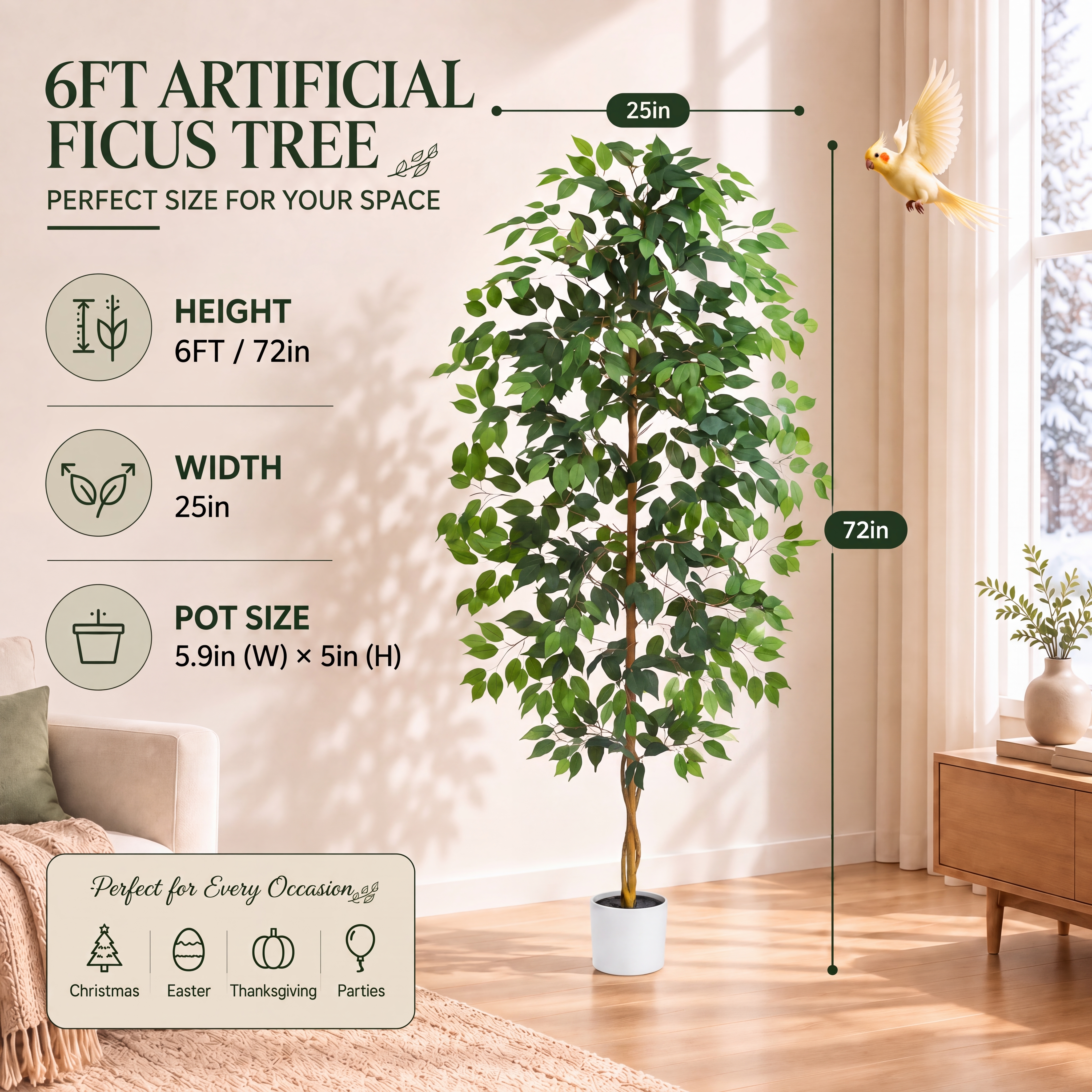 6FT Artificial Ficus Tree - White Pot gallery view 8